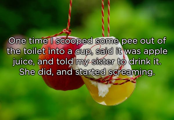 One time I scooped some pee out of the toilet into a cup, said it was apple juice, and told my sister to drink it. She did, and started screaming.