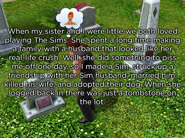 rip wii u - When my sister and I were little we both loved playing The Sims. She spent a long time making a family with a husband that looked her reallife crush. Well, she did something to piss E me off one day, so I made a Sim, struck up a friendship wit