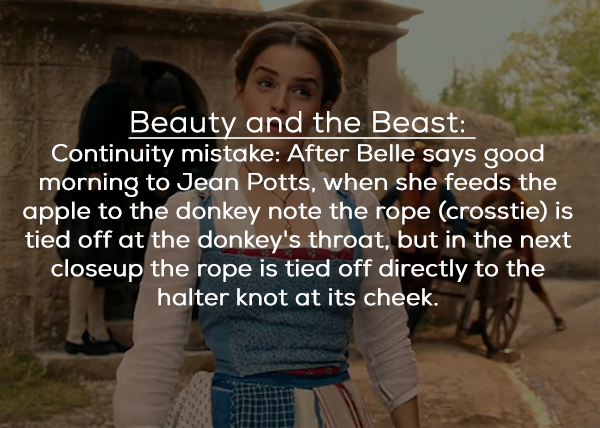 friendship - Bequty and the Beast Continuity mistake After Belle says good morning to Jean Potts, when she feeds the apple to the donkey note the rope crosstie is tied off at the donkey's throat, but in the next closeup the rope is tied off directly to th