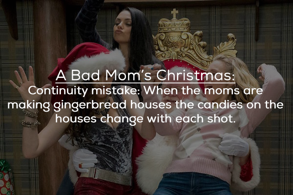 bad moms christmas - Len A Bad Mom's Christmas Continuity mistake When the moms are making gingerbread houses the candies on the houses change with each shot.