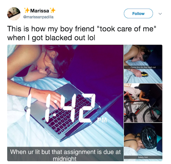 relationship goals - Marissa marissanpadilla This is how my boy friend "took care of me" when I got blacked out lol When ur lit but that assignment is due at midnight