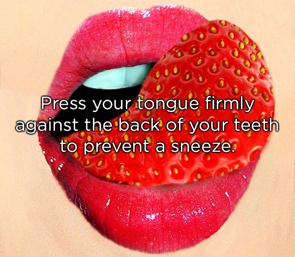 strawberry - 00 . Press your tongue firmly against the back of your teeth to prevent a sneeze