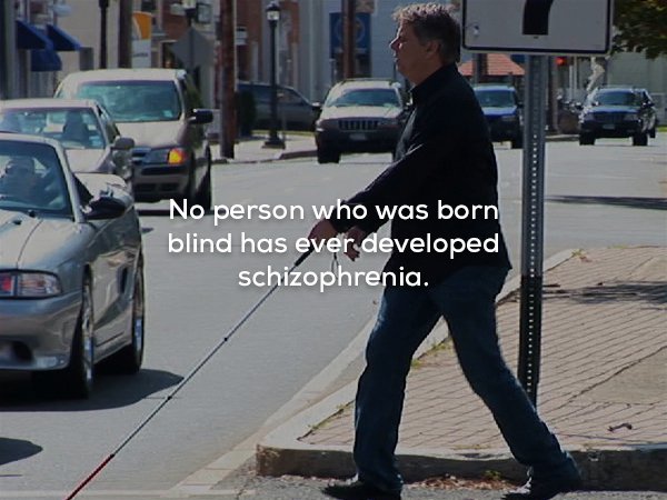 blind man crossing the street - No person who was born blind has ever developed schizophrenia.