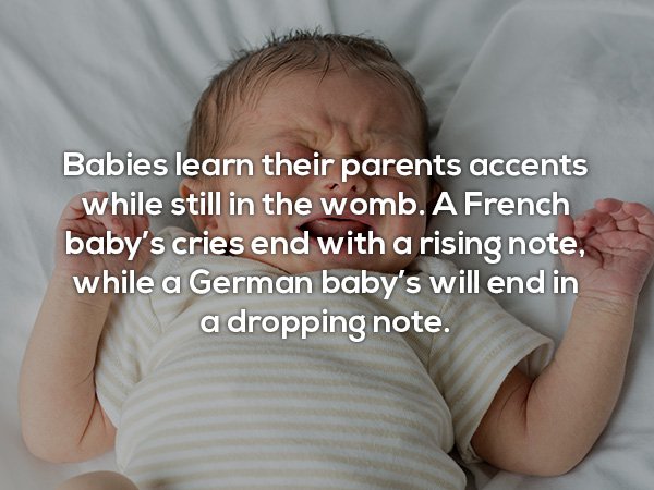 urinary infection for baby - Babies learn their parents accents while still in the womb. A French baby's cries end with a rising note, while a German baby's will end in a dropping note.
