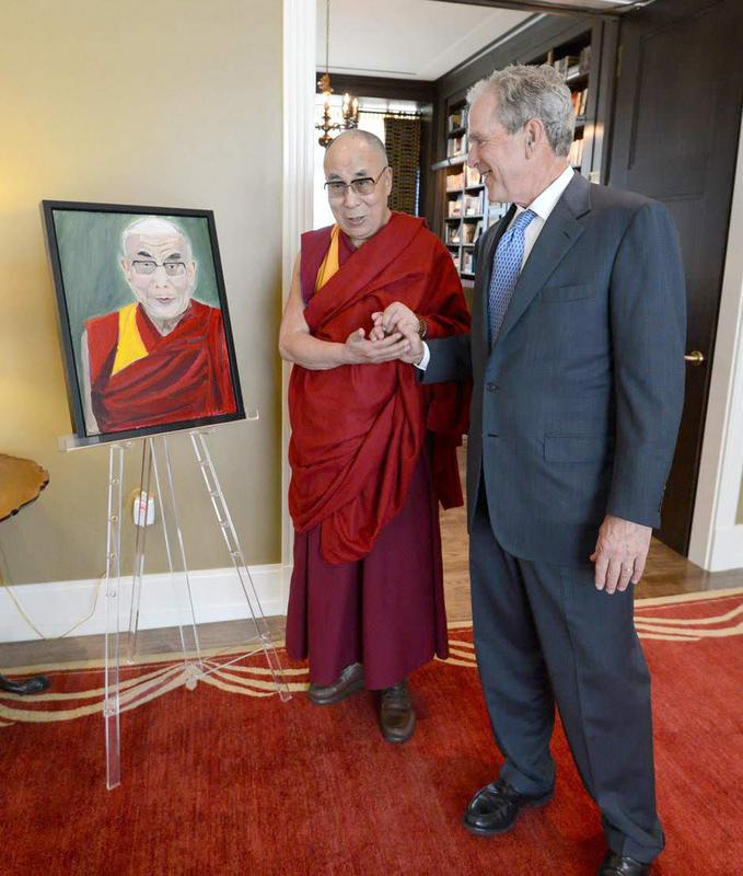 George Bush presenting the Dalai Lama with a portrait he painted