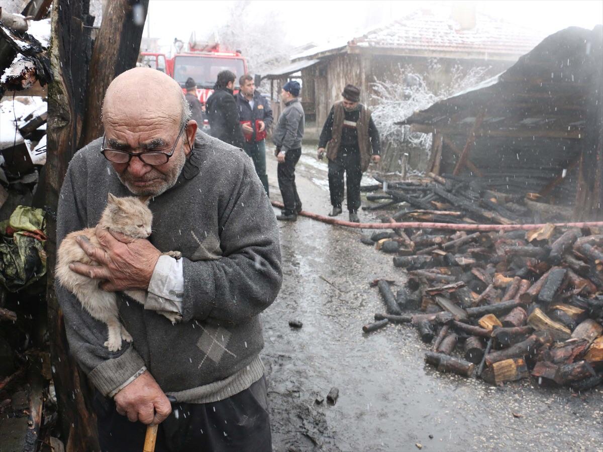 Elder man with his cat after burned his house by accident