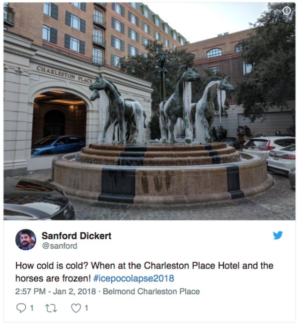 memorial - Charleston Pln Sanford Dickert How cold is cold? When at the Charleston Place Hotel and the horses are frozen! . Belmond Charleston Place 0 1 27 1