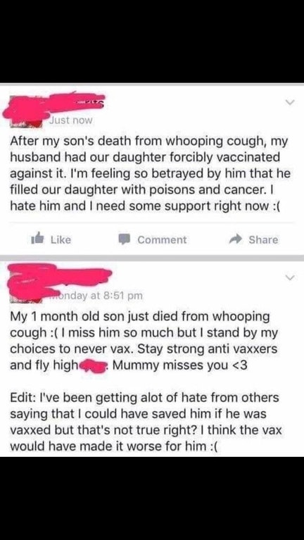 my 1 month old son just died - Just now After my son's death from whooping cough, my husband had our daughter forcibly vaccinated against it. I'm feeling so betrayed by him that he filled our daughter with poisons and cancer. I hate him and I need some su