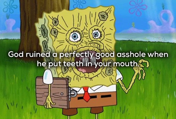 dry spongebob meme - God ruined a perfectly good asshole when he put teeth in your mouth,