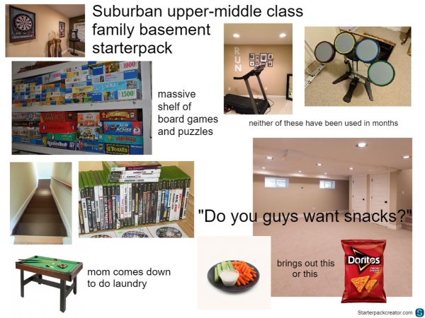 starter pack - suburban basement starter pack - Suburban uppermiddle class family basement starterpack 20 15001 massive shelf of board games and puzzles neither of these have been used in months Tous "Do you guys want snacks?" Doritos mom comes down to do