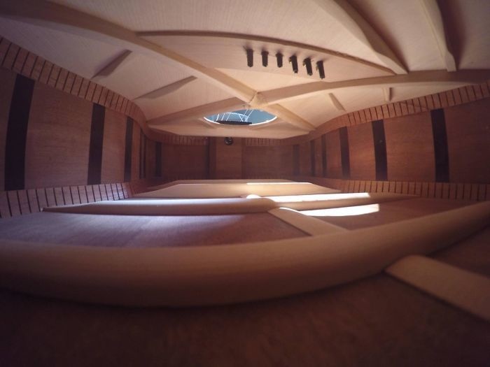 Even though this looks like the inside of a cathedral, it's actually the inside of an acoustic guitar. 