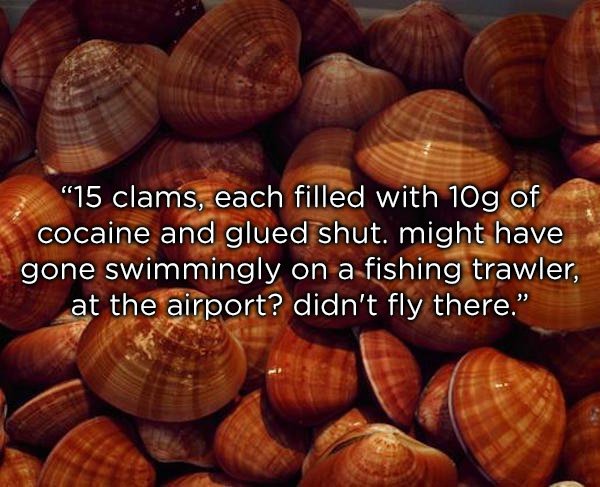 Smuggling - "15 clams, each filled with 10g of cocaine and glued shut. might have gone swimmingly on a fishing trawler, at the airport? didn't fly there."