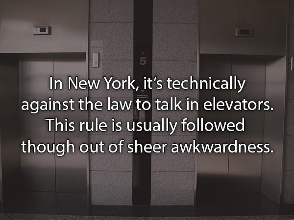 floor - In New York, it's technically against the law to talk in elevators. This rule is usually ed though out of sheer awkwardness.