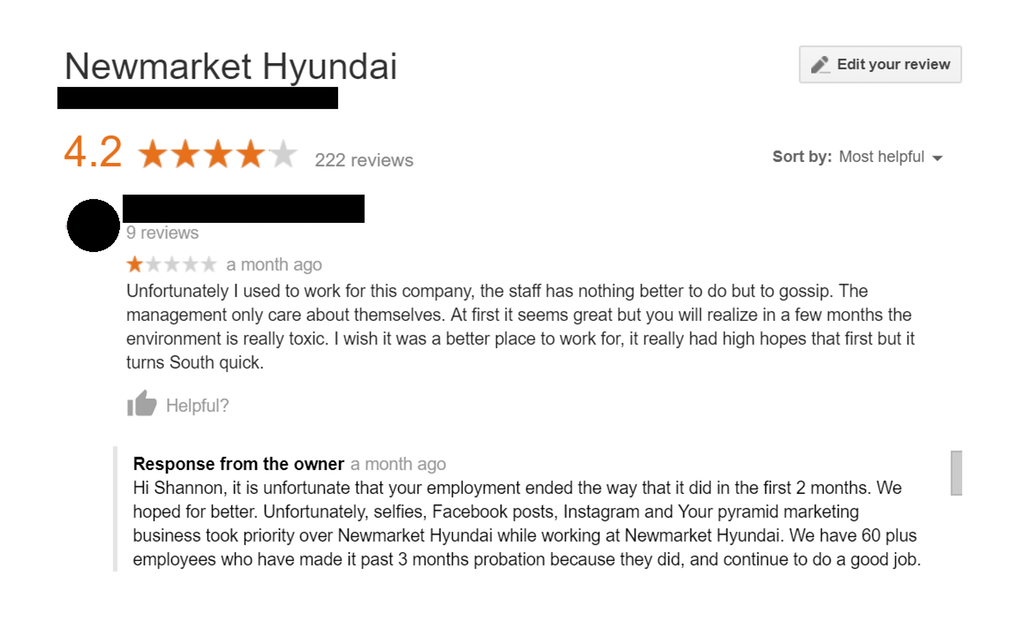 document - Newmarket Hyundai Edit your review 4.2 ttttt 222 reviews Sort by Most helpful 9 reviews ttttt a month ago Unfortunately I used to work for this company, the staff has nothing better to do but to gossip. The management only care about themselves