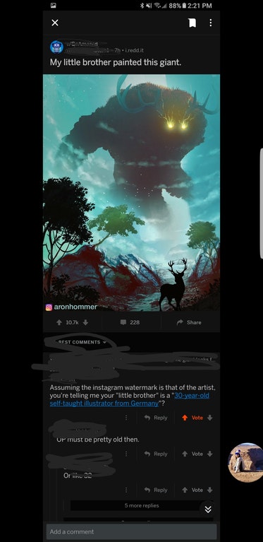screenshot - % 88% C24 7h reddit My little brother painted this giant. aronhommer 228 Gest Assuming the instagram watermark is that of the artist, you're telling me your little brother is a 30yearold selftaught illustrator from Germany"? Vote ur must be p