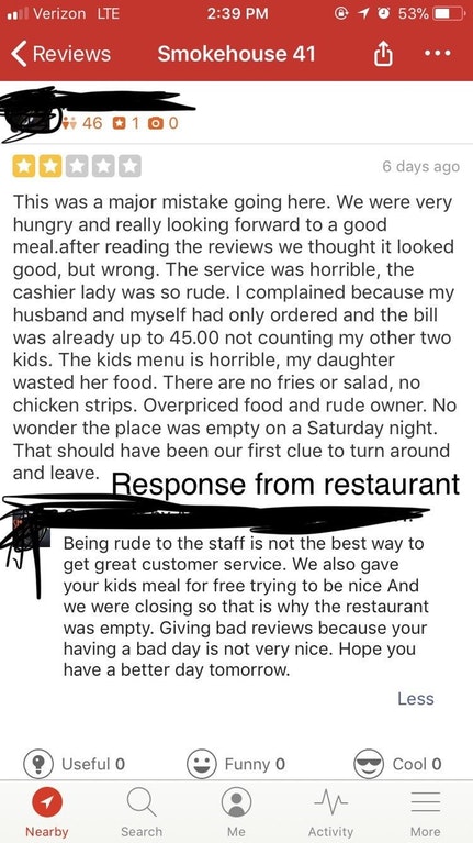 bad reviews for restaurant service - . Verizon Lte