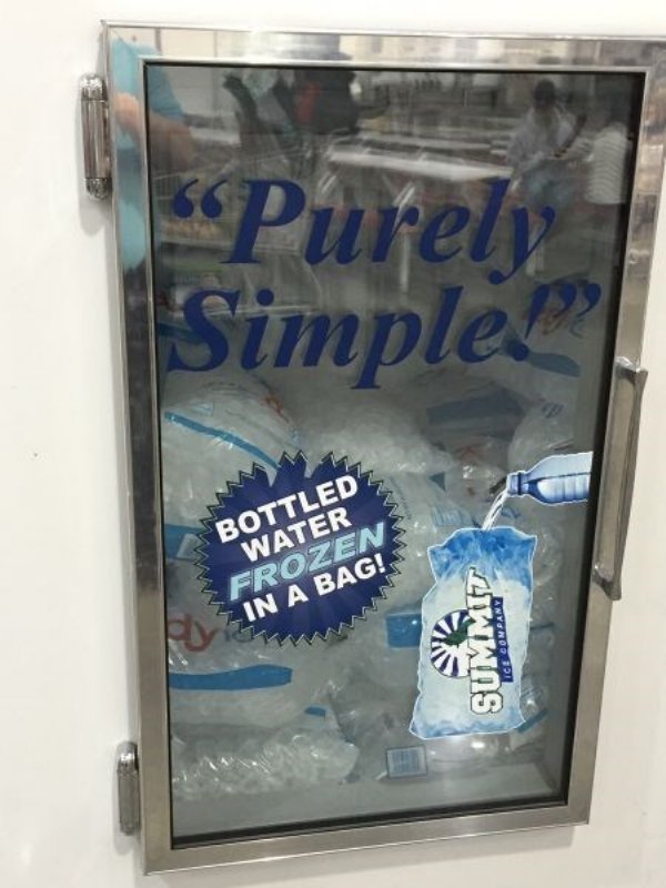 poster - Purely Simplel Bottled Water Frozen In A Bag! Summit Ompany Ice