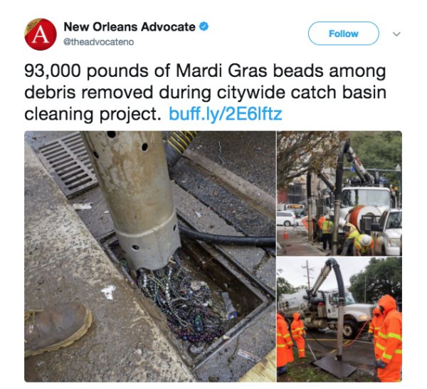 In only a five-block stretch of St. Charles Avenue, which is the yearly Mardi Gras parade route in downtown New Orleans, cleanup crews unearthed 93,000 pounds of beads.