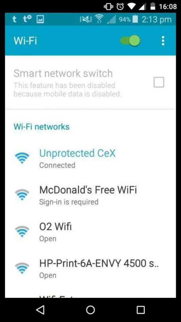funny wifi name screenshot - 0 4 94% I t t N . WiFi Smart network switch This feature has been disabled because mobile data is disabled WiFi networks a Unprotected CeX Connected McDonald's Free WiFi Signin is required 02 Wifi Open a HpPrint6AEnvy 4500 S..