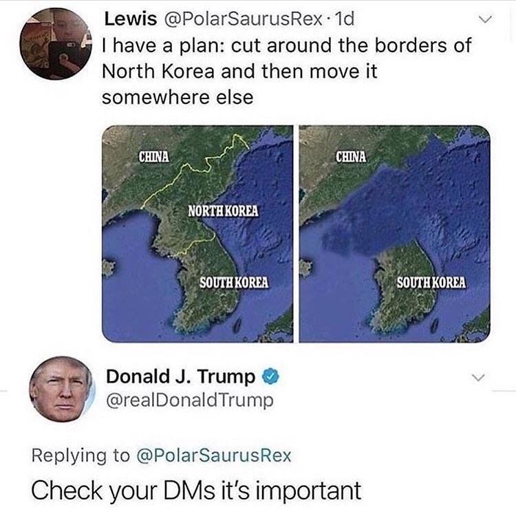 check your dms its important meme - Lewis Rex. 1d I have a plan cut around the borders of North Korea and then move it somewhere else China China North Korea South Korea South Korea Donald J. Trump Trump Check your DMs it's important