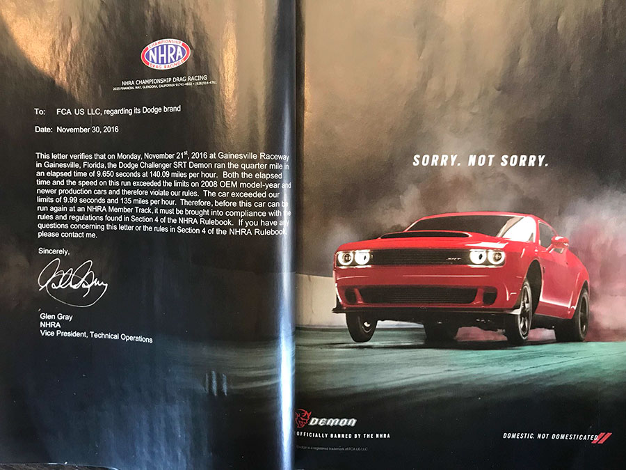 This ad for the New Dodge Demon is simply the letter from the NHRA (National Hot Rod Association) telling them it’s too fast to be allowed