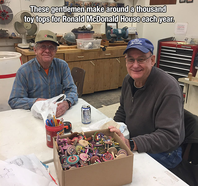 food - These gentlemen make around a thousand toy tops for Ronald McDonald House each year.