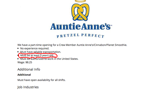 diagram - Auntie Anne's Pretzel Perfect We have a parttime opening for a Crew Member Auntie Anne'sCinnabonPlanet Smoothie. No experience required. Must have reliable transportation. Must be at least 0 years old. Must be authorized to work in the United St