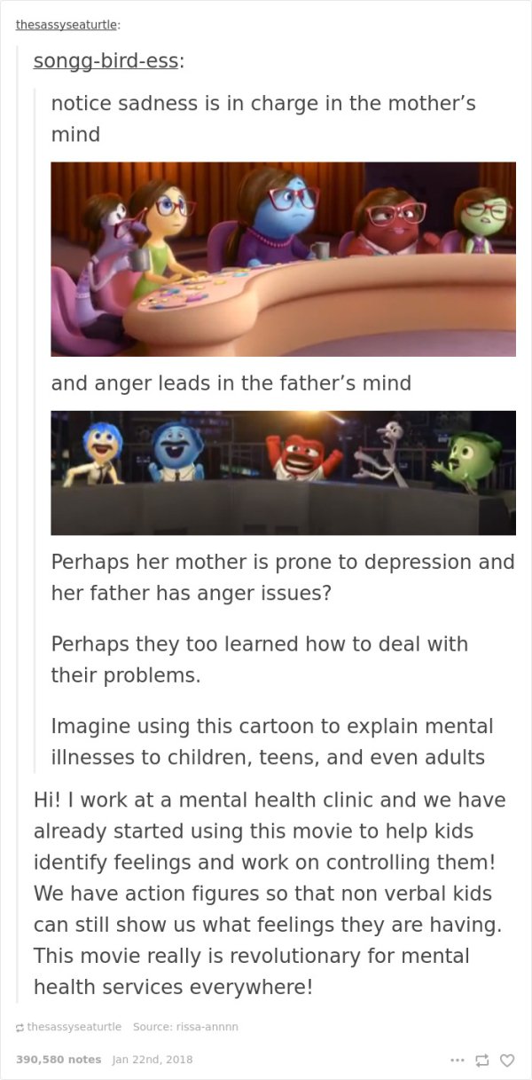 disney details movies - thesassyseaturtle songgbirdess notice sadness is in charge in the mother's mind and anger leads in the father's mind Perhaps her mother is prone to depression and her father has anger issues? Perhaps they too learned how to deal wi