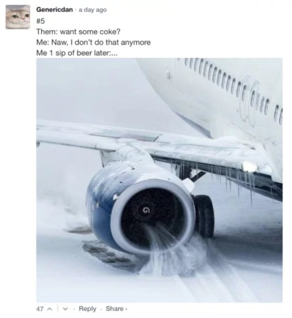 snow vacuum airplane engine - Genericdan a day ago Them want some coke? Me Naw, I don't do that anymore Me 1 sip of beer later.... 47