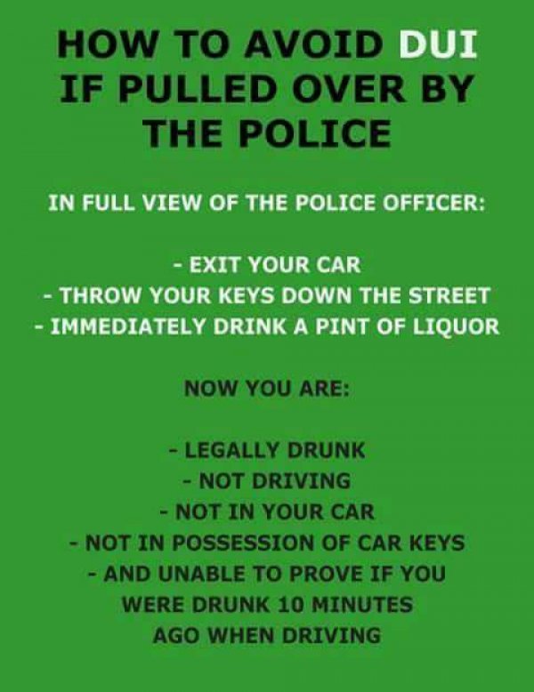 grass - How To Avoid Dui If Pulled Over By The Police In Full View Of The Police Officer Exit Your Car Throw Your Keys Down The Street Immediately Drink A Pint Of Liquor Now You Are Legally Drunk Not Driving Not In Your Car Not In Possession Of Car Keys A