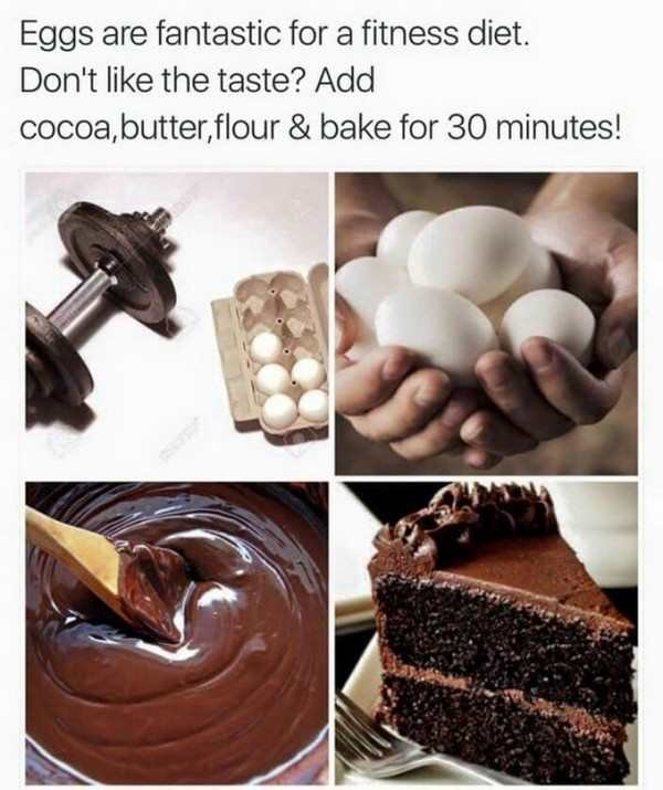 stupid life hacks - Eggs are fantastic for a fitness diet. Don't the taste? Add cocoa,butter,flour & bake for 30 minutes!