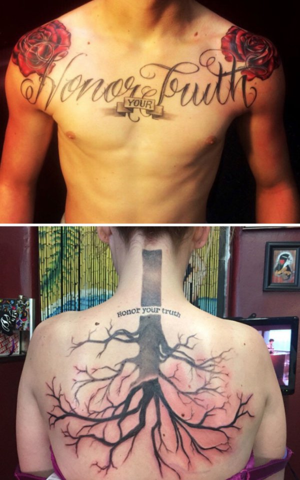 “My Brother Was Murdered On February 6th, 2015. He Had “Honor Your Truth” Tattooed Across His Chest. We Cremated Him And We Are Putting His Ashes In A Bio Urn, So He Will Grow Into A Strong, Beautiful Oak Tree. This Is My Memorial Tattoo For Him.”