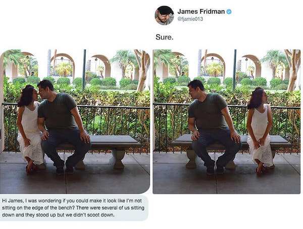 james fridman - James Fridman Sure. Hi James, I was wondering if you could make it look I'm not sitting on the edge of the bench? There were several of us sitting down and they stood up but we didn't scoot down.