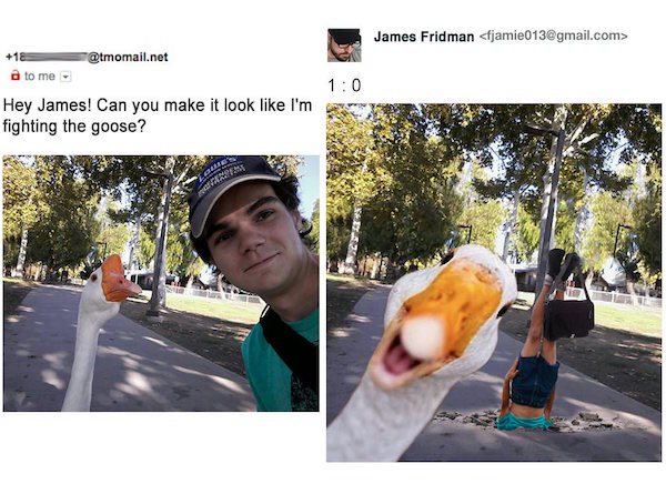 photoshop master - James Fridman  .net 18 to me. Hey James! Can you make it look I'm fighting the goose?