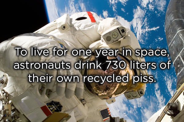 conclusion of the space race - To live for one year in space, astronauts drink 730 liters of their own recycled piss.