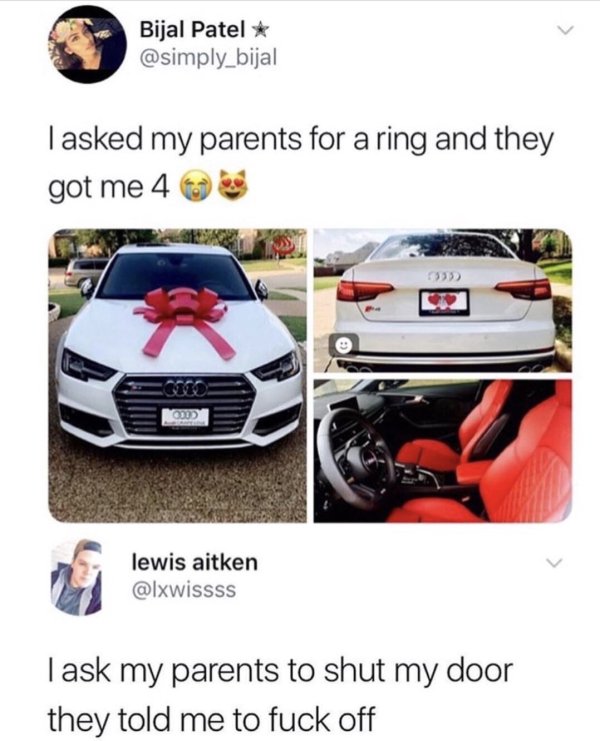 asked my parents for a ring meme - Bijal Patel I asked my parents for a ring and they got me 4 lewie lewis aitken Task my parents to shut my door they told me to fuck off