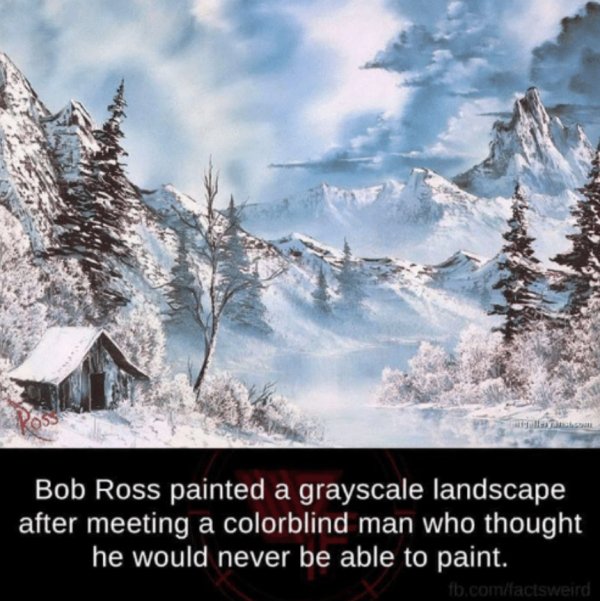 bob ross shades of grey - Bob Ross painted a grayscale landscape, after meeting a colorblind man who thought he would never be able to paint. fb.comfactsweird