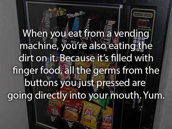 vending machine - Amount Cepogited Maele When you eat from a vending machine, you're also eating the dirt on it. Because it's filled with finger food, all the germs from the buttons you just pressed are going directly into your mouth. Yum.