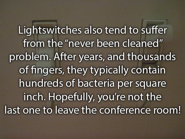 material - Lightswitches also tend to suffer from the "never been cleaned" problem. After years, and thousands of fingers, they typically contain hundreds of bacteria per square inch. Hopefully, you're not the last one to leave the conference room!