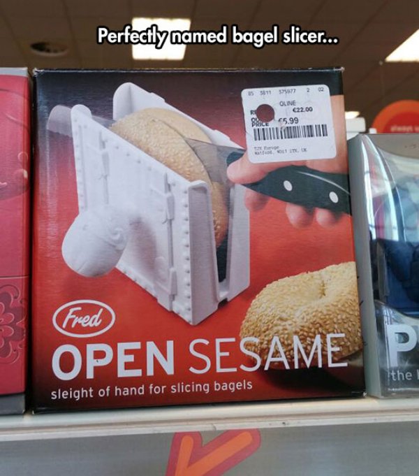 fast food - Perfectly named bagel slicer... 5 811 7 2 2 Oline 22.00 25.99 Fred Open Sesame P sleight of hand for slicing bagels the