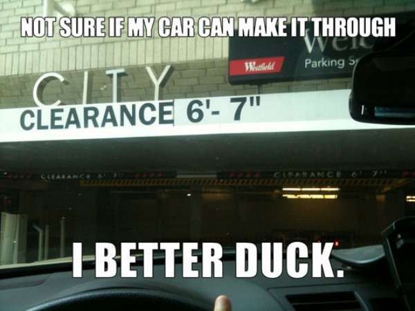 not sure if meme - Not Sure If My Car Can Make It Through Westfield Parking Sy Clearance 6' 7". Better Duck.