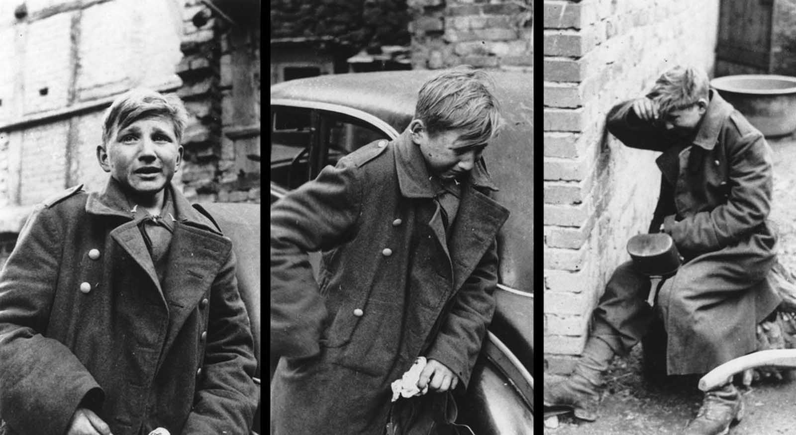 This combination of three photographs shows the reaction of a 16-year old German soldier after he was captured by U.S. forces, at an unknown location in Germany, in 1945.
