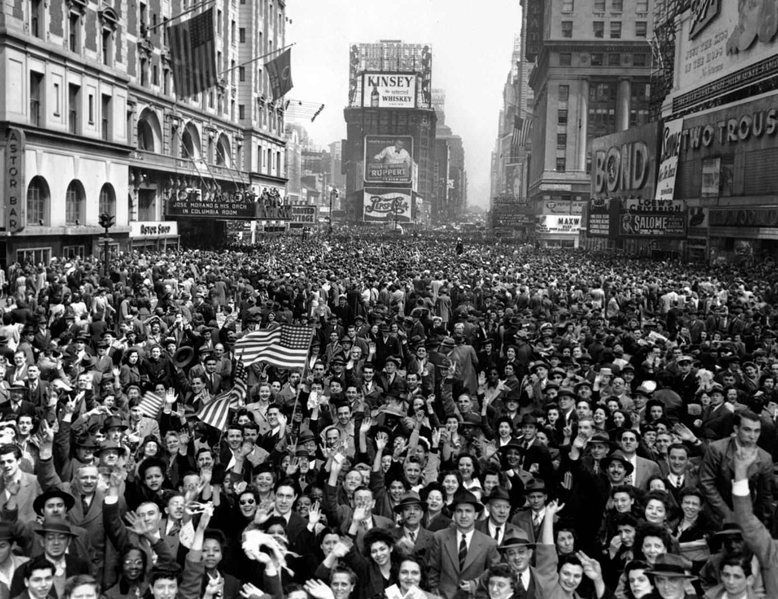 Looking north from 44th Street, New York’s Times Square is packed Monday, May 7, 1945, with crowds celebrating the news of Germany’s unconditional surrender in World War II.