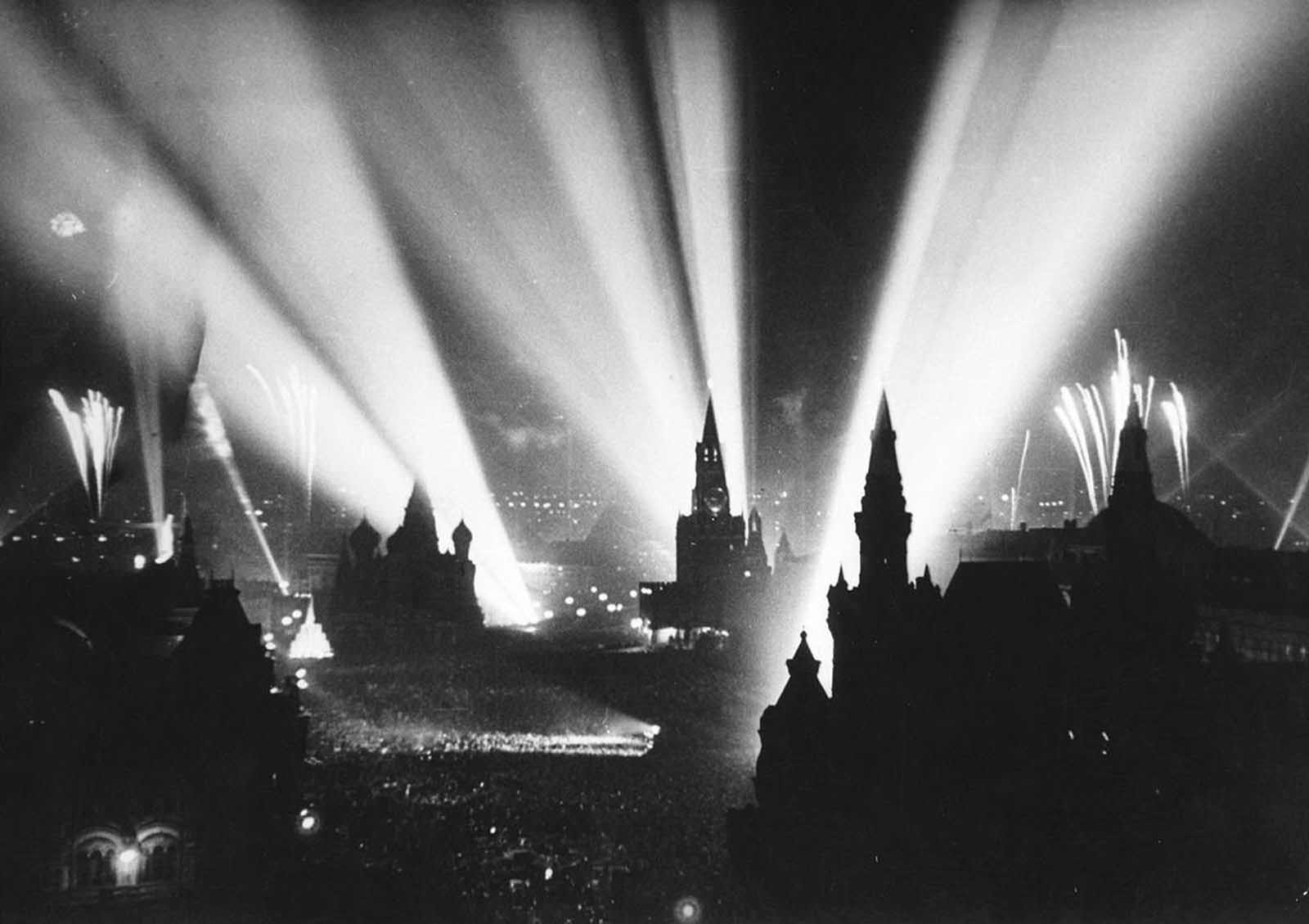 Celebration of Victory in Moscow’s Red Square, in the Soviet Union. Fireworks began on May 9, 1945, followed by bursts of gunfire and a sky illuminated by searchlights.
