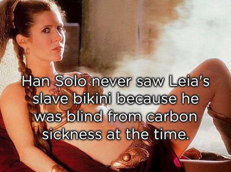 photo caption - Han Solo never saw Leia's slave bikini because he was blind from carbon sickness at the time.