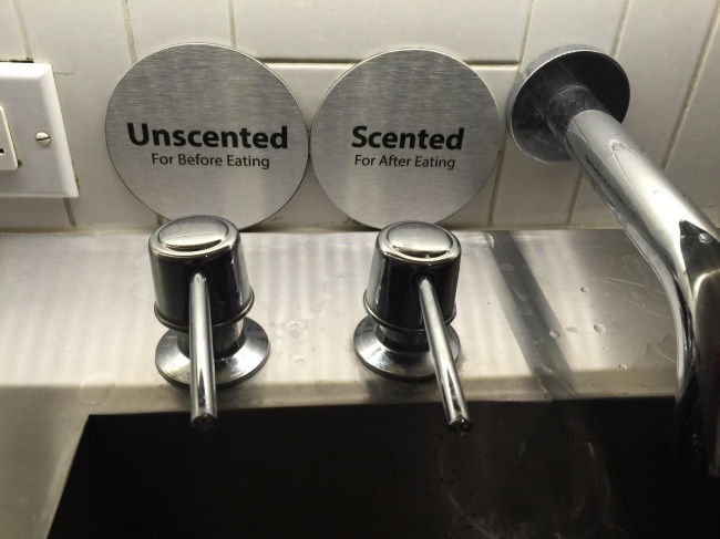This bathroom that gives you a choice of soap depending on whether or not you’ve eaten yet.