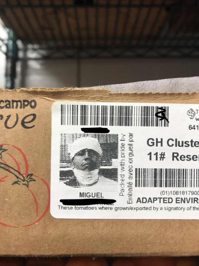 This box of tomatoes that has the name and a photo of the worker who packed it.