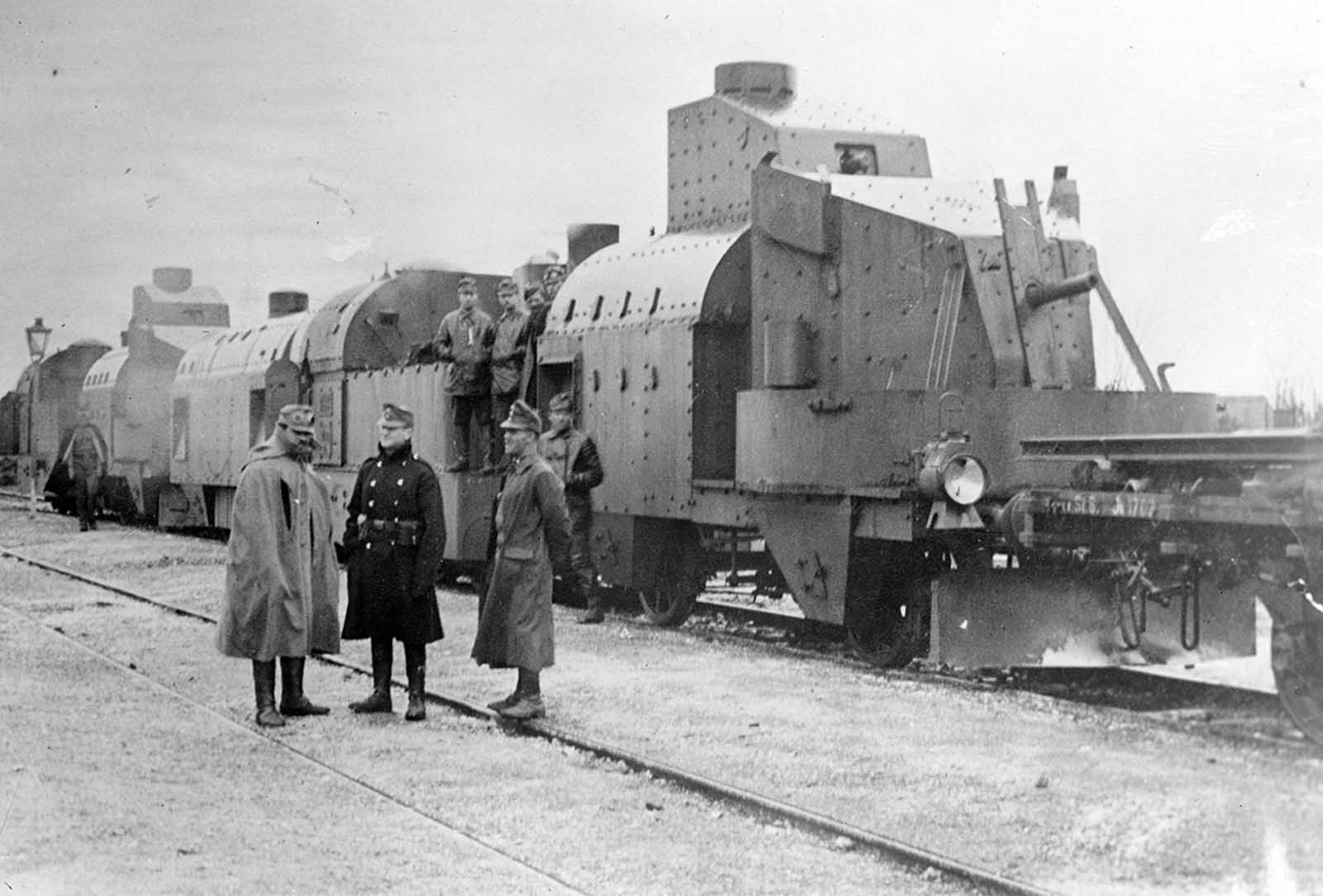 An Austrian armored train in Galicia, ca, 1915. Adding armor to trains dates back to the American Civil War, used as a way to safely move weapons and personnel through hostile territory
