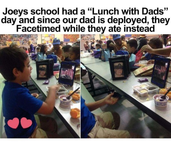 learning - Joeys school had a "Lunch with Dads" day and since our dad is deployed, they Facetimed while they ate instead