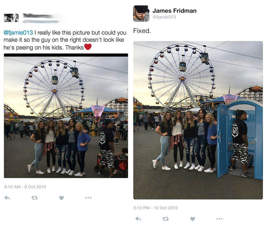 guy who takes photoshop requests literally - James Fridman Fixed. I really this picture but could you make it so the guy on the right doesn't look he's peeing on his kids. Thanks Se